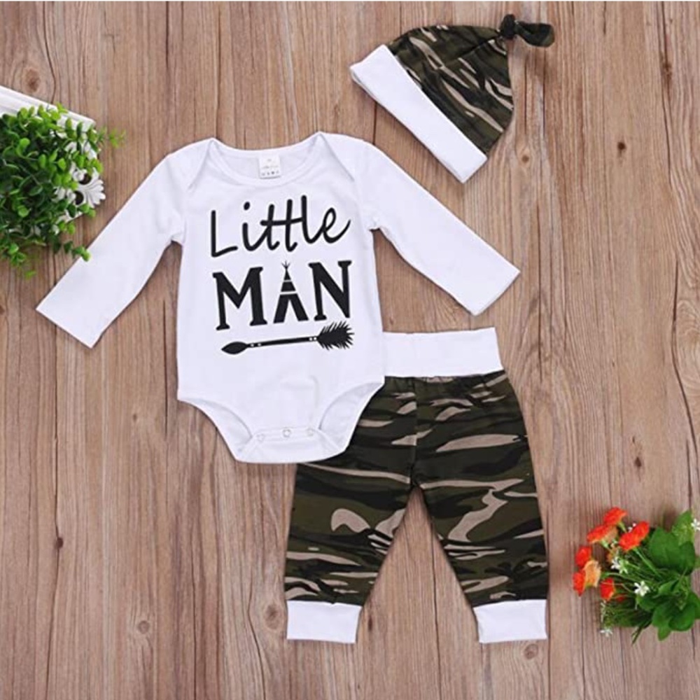 Infant Boys Letter Printed Bodysuit and Camouflage Pants 2pcs Outfit with Hat